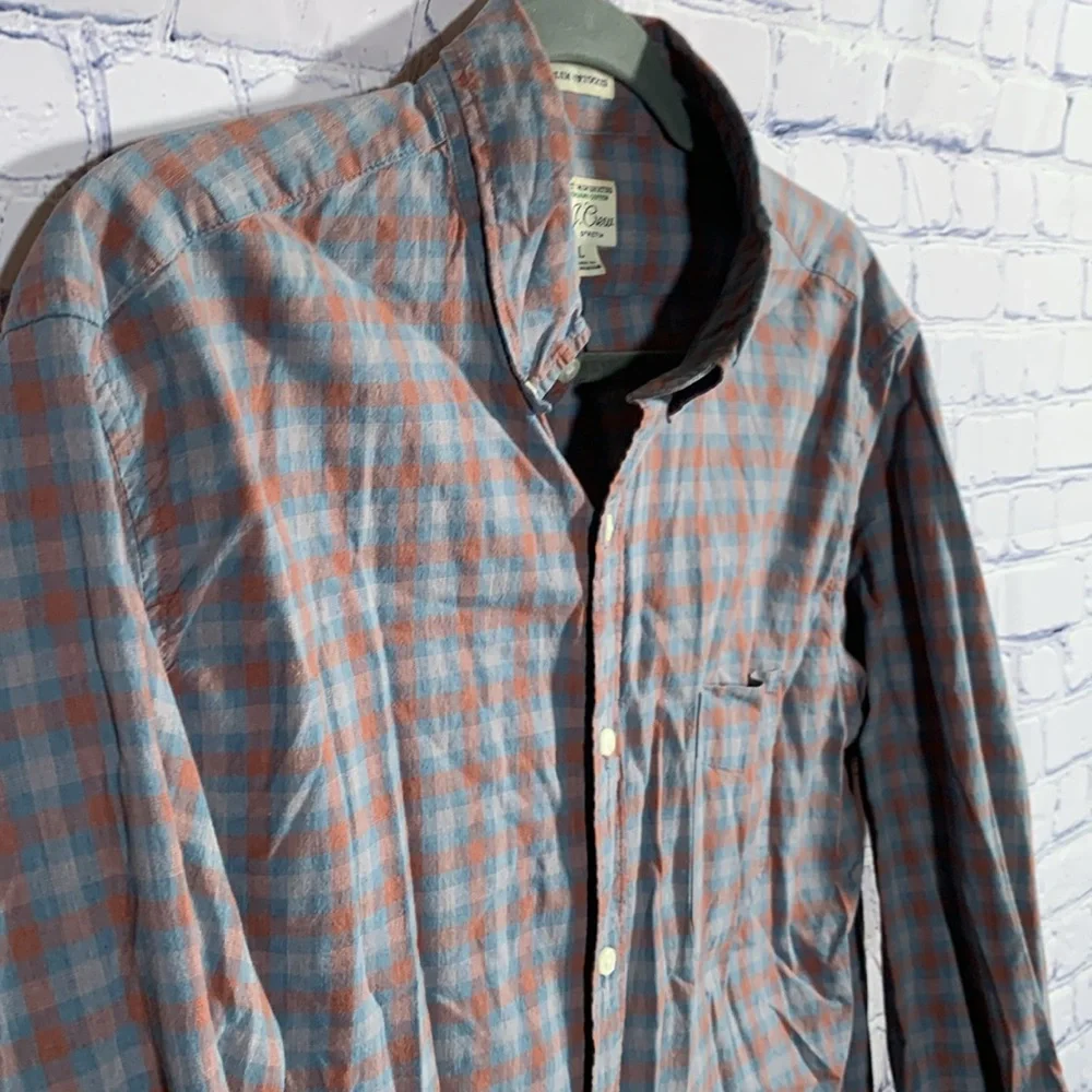 J.Crew Men Stretch Slim Untucked Checkered Button Down Red Blue Organic Cotton L